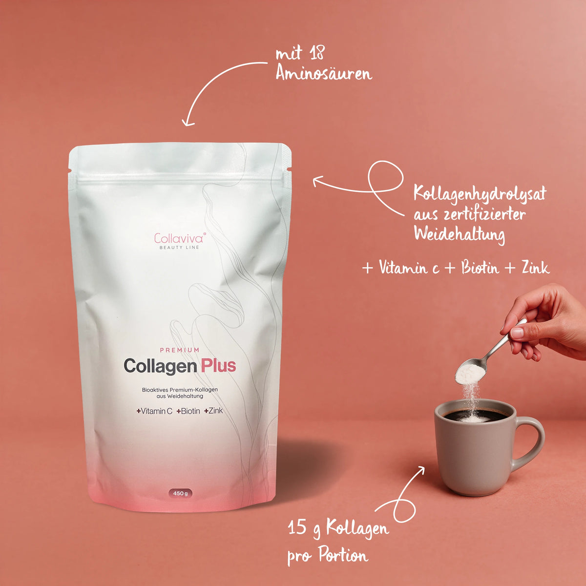 CollagenPlus 450 g neben einer Tasse