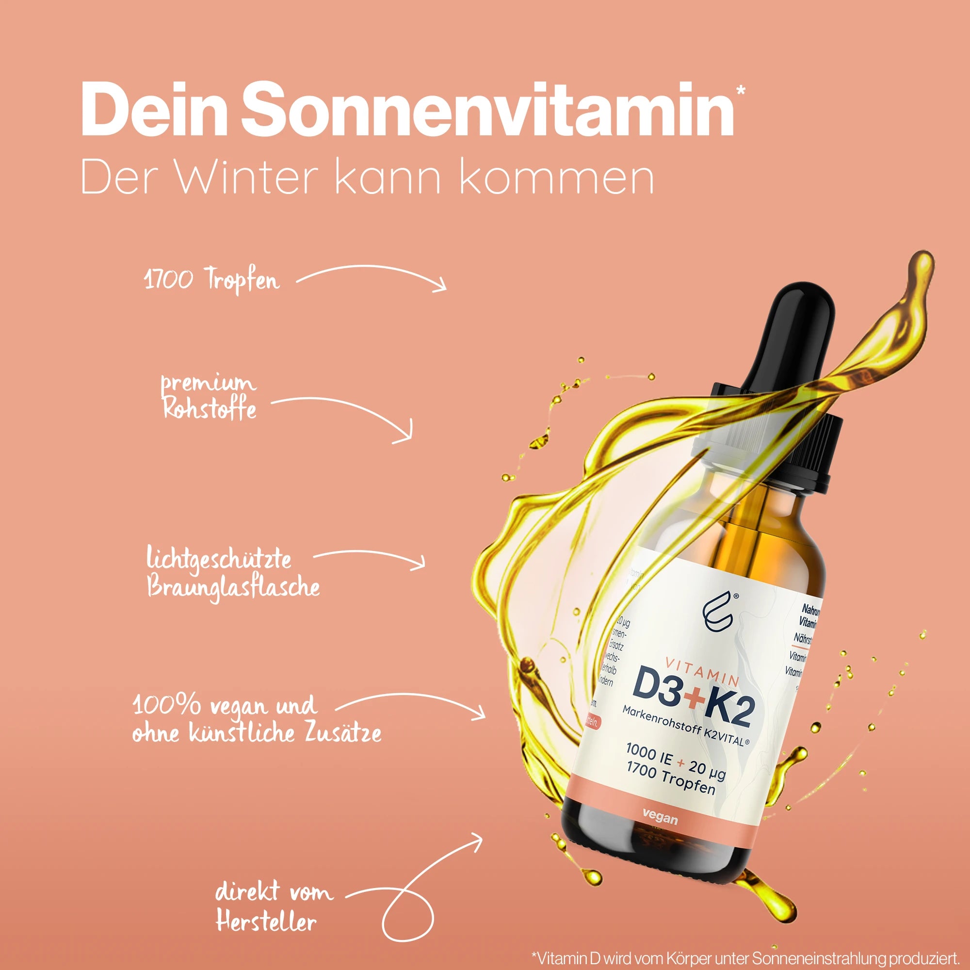 VITAMIN D3 + K2 MK7 all-trans 1.000IE + 20µg - 1700 Tropfen