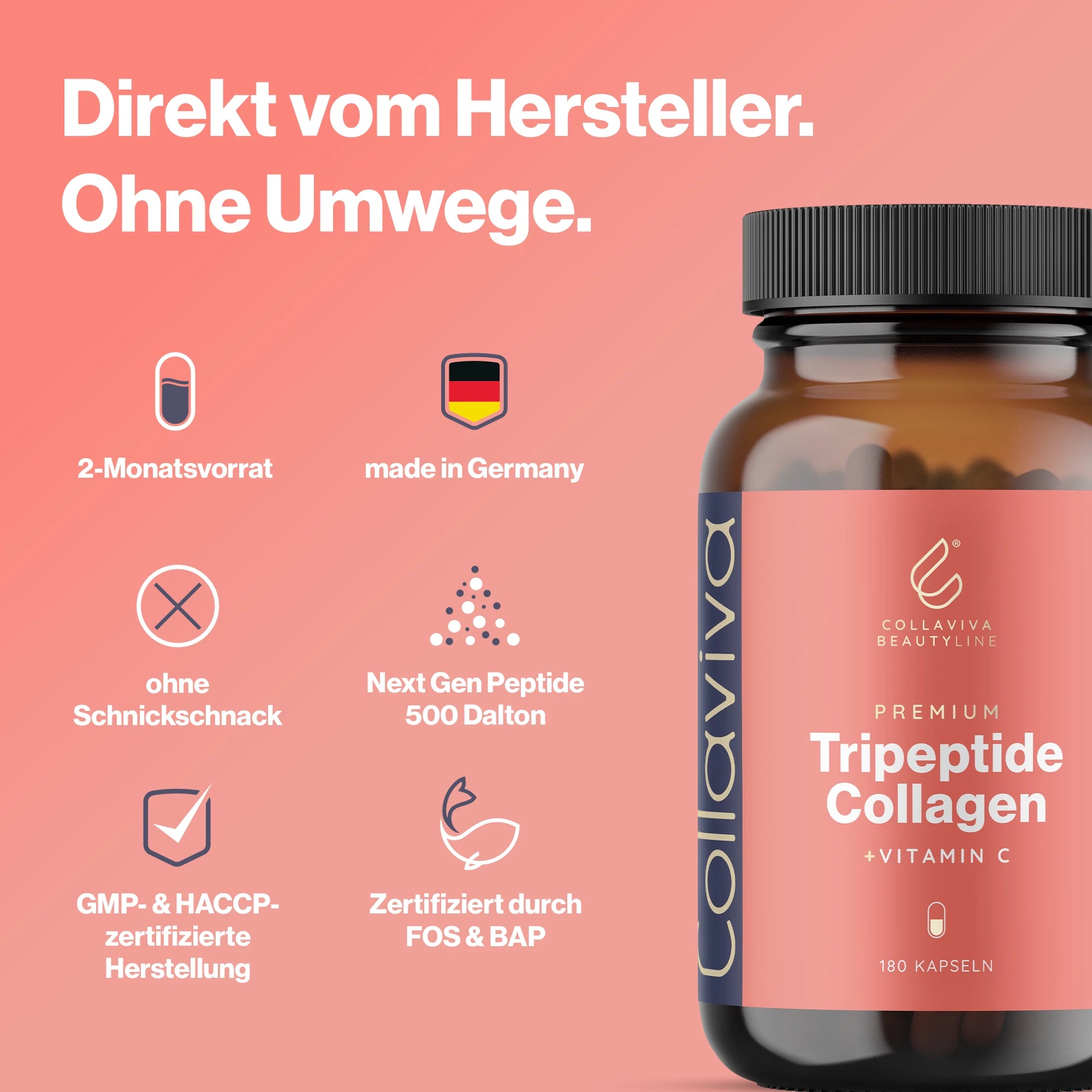 Tripeptide Collagen + Vitamin C Kapseln - 180 Stück - 2 Monatsvorrat