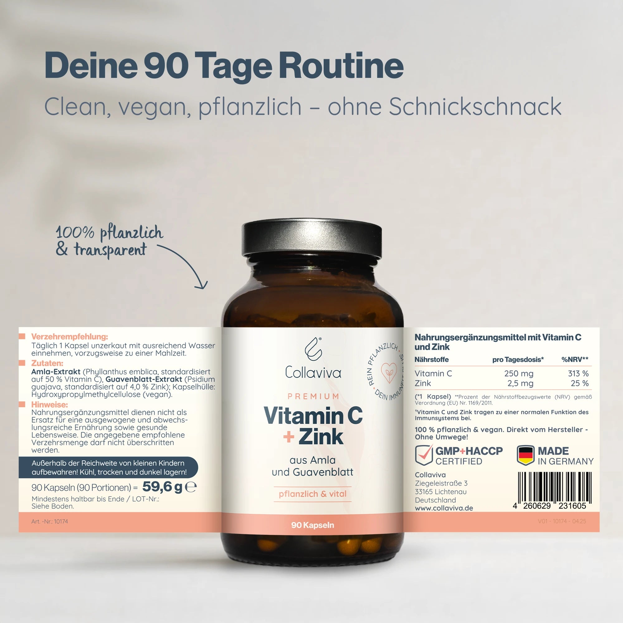 Vitamin C + Zink - 90 Kapseln - 100% pflanzlich - 3-Monats-Vorrat