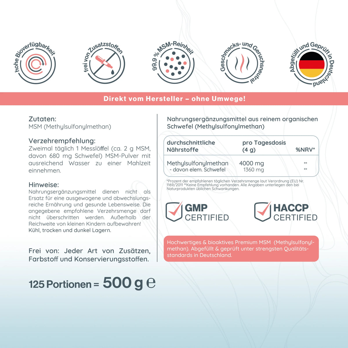 Pure MSM 500 g (organischer Schwefel, >99,9% Reinheit)