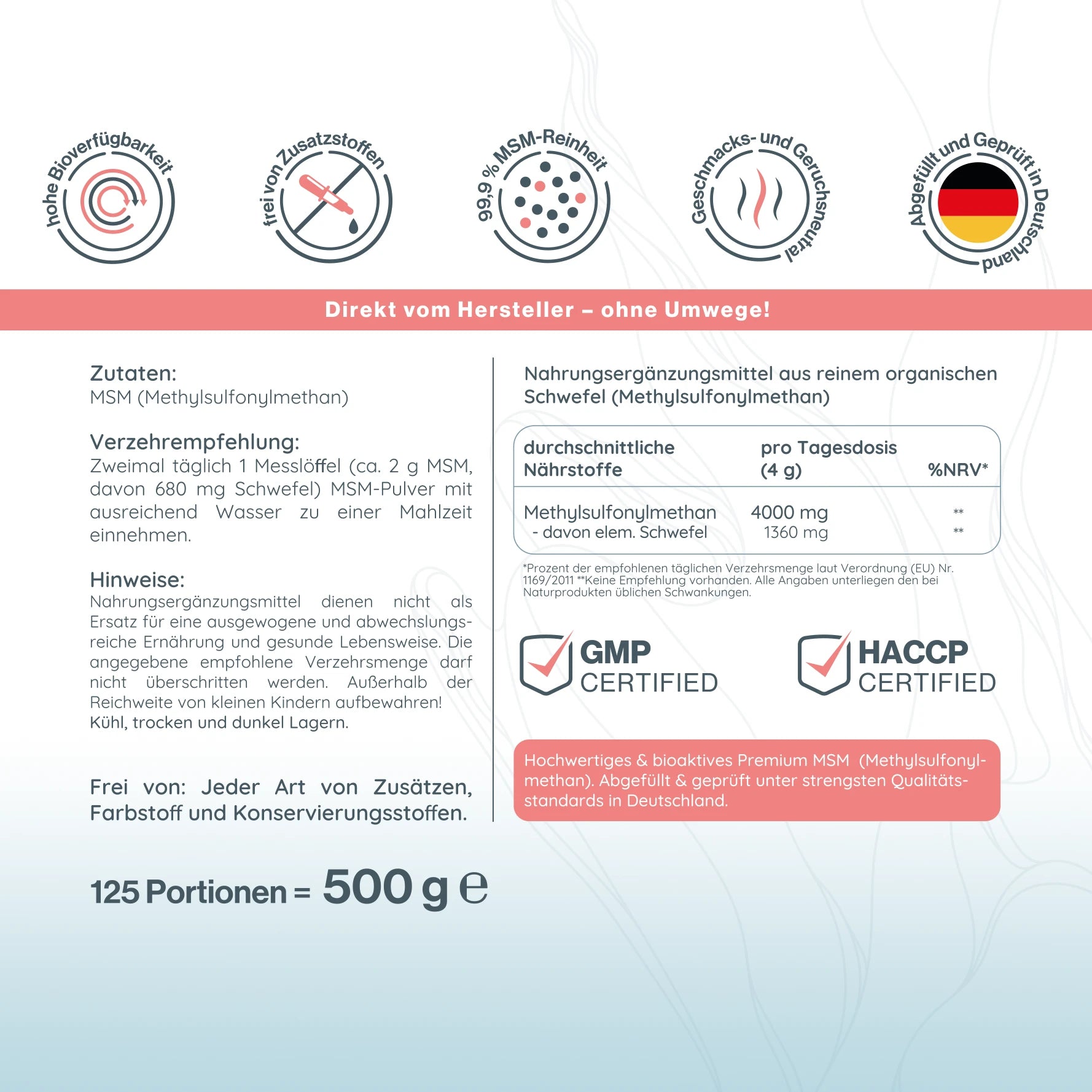 Pure MSM (organischer Schwefel, >99,9% Reinheit)