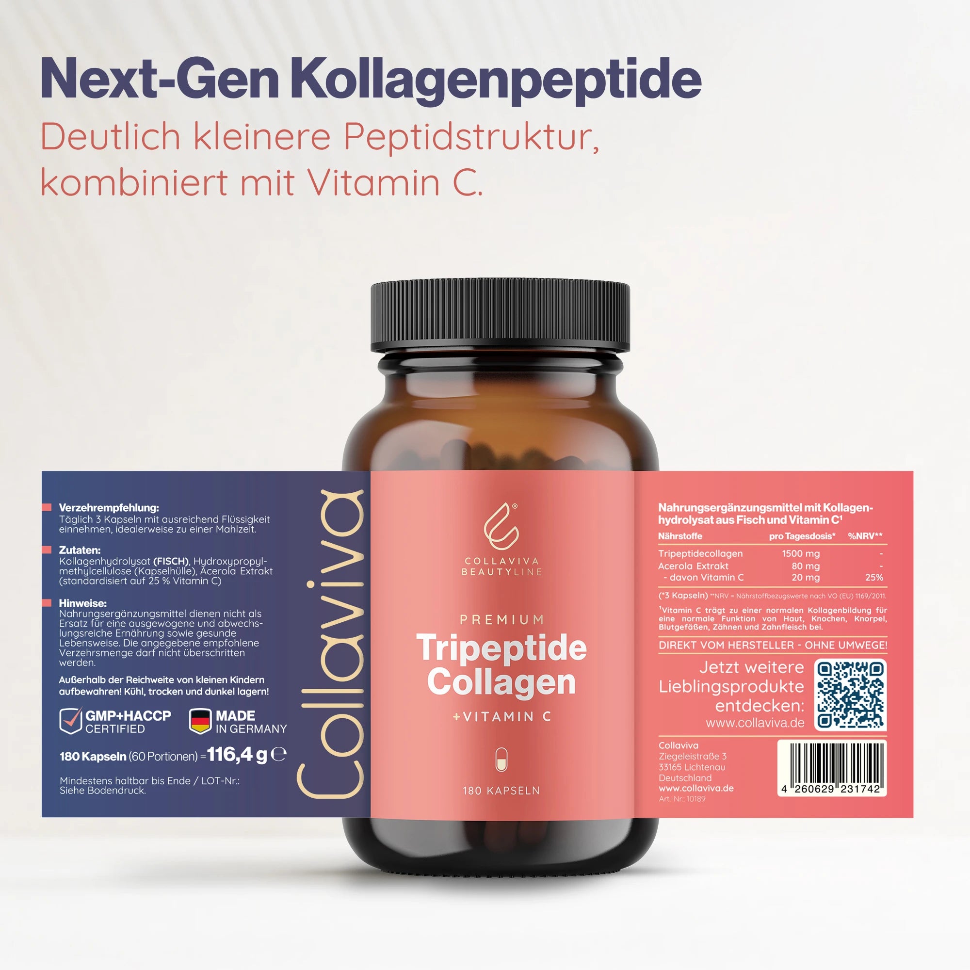 Tripeptide Collagen + Vitamin C Kapseln - 180 Stück - 2 Monatsvorrat